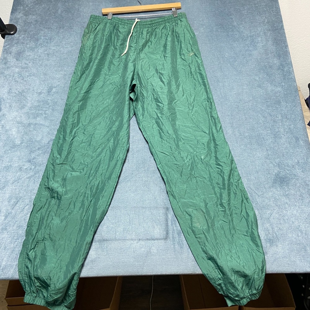 Speedo Windbreaker Pants Men XL Green Logo Stretch Drawstring Waist Straight Leg